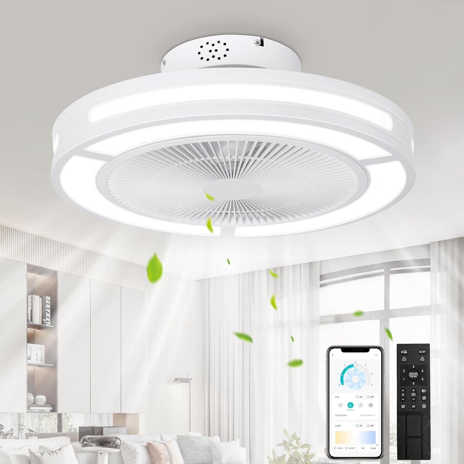 Ohniyou Ventilador de Techo de Bajo Perfil con Luz Regulable, 19 Pulgadas de Montaje Empotrado, Pequeño Ventilador de Techo Moderno Sin Aspas Cerrado para Dormitorio, Habitación de Los Niños (Blanco)
