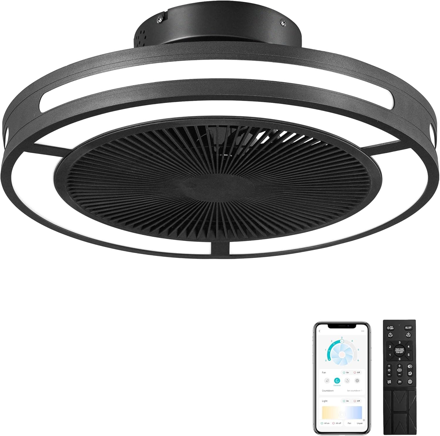 Ohniyou 19"" Ventilador de techo sin aspas con luces y mando a distancia, luz Led regulable y 6 velocidades, ventilador de techo empotrable de perfil bajo para dormitorio, salón