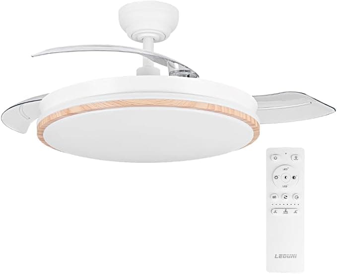 Ventilador de techo Ventilador de techo con luz con mando 3 aspas, Motor DC 30W+Luz LED,temporizador, 6 velocidades, aspas retráctiles, 3 temperaturas de luz, función verano-invierno Silencioso (Madera liso, 50CM)