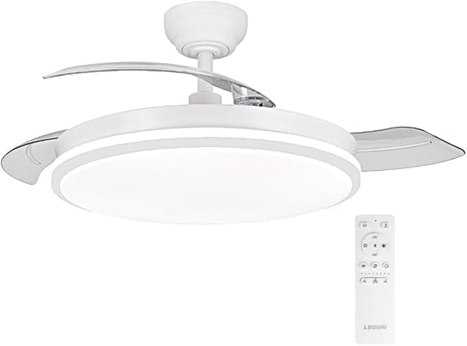 Ventilador de techo Ventilador de techo con luz con mando 3 aspas, Motor DC 30W+42W Luz LED,temporizador, 6 velocidades, aspas retráctiles, 3 temperaturas de luz, función verano-invierno Silencioso (Blanco puro, 50CM)