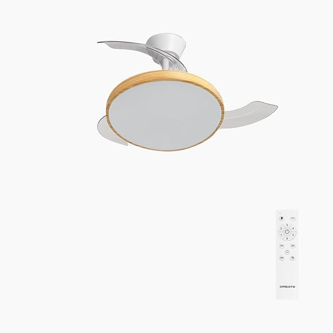 Ventilador de techo CREATE / WIND CLEAR STUDIO S/Ventilador de techo con luz blanco y madera clara con mando / 40W, Temporizador, Ø 91 cm, aspas retráctiles, 3 temperaturas de luz, función verano-invierno
