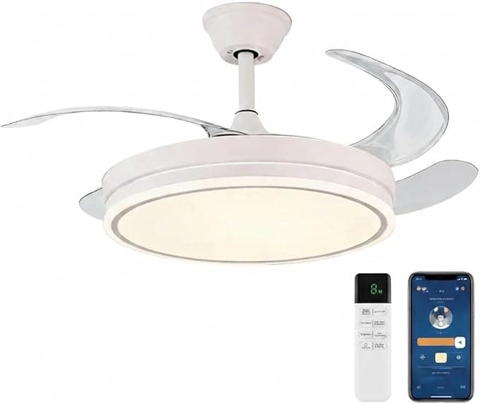 Ventilador de techo Don Feliz Ventilador de techo con luz LED con 4 Aspas Retráctiles, 3 modos de luz, control por mando y app, lampara de techo con ventilar luz LED regulable 55W, Motor DC