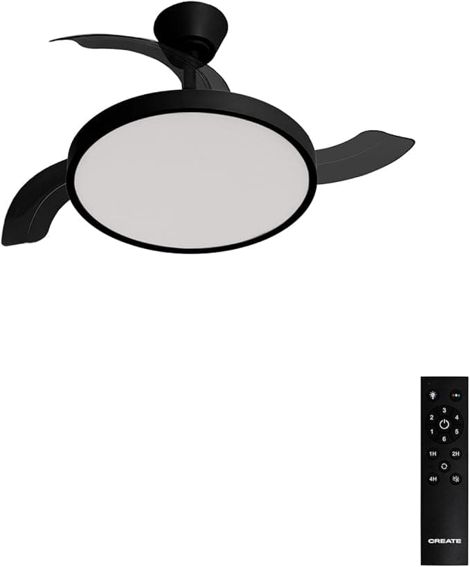 Ventilador de techo CREATE / WIND CLEAR STUDIO S/Ventilador de techo con luz negro con mando / 40W, Temporizador, Ø 91 cm, 6 velocidades, aspas retráctiles, 3 temperaturas de luz, función verano-invierno