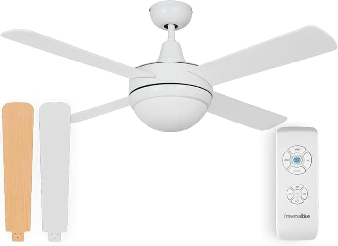 Ventilador de techo UNIVERSALBLUE Ventilador de techo con luz | Ventilador silencioso con Motor AC | Aspas reversibles color blanco y madera | Potencia 70 W | Temporizador y mando a distancia | Función Invierno