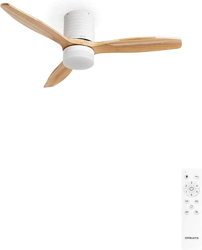 Ventilador de techo CREATE / WINDCALM LINE/Ventilador de techo con luz blanco madera natural y líneas horizontales con mando / 40W, Ø132 cm, 6 velocidades, 3 temperaturas de luz, temporizador, función verano-invierno