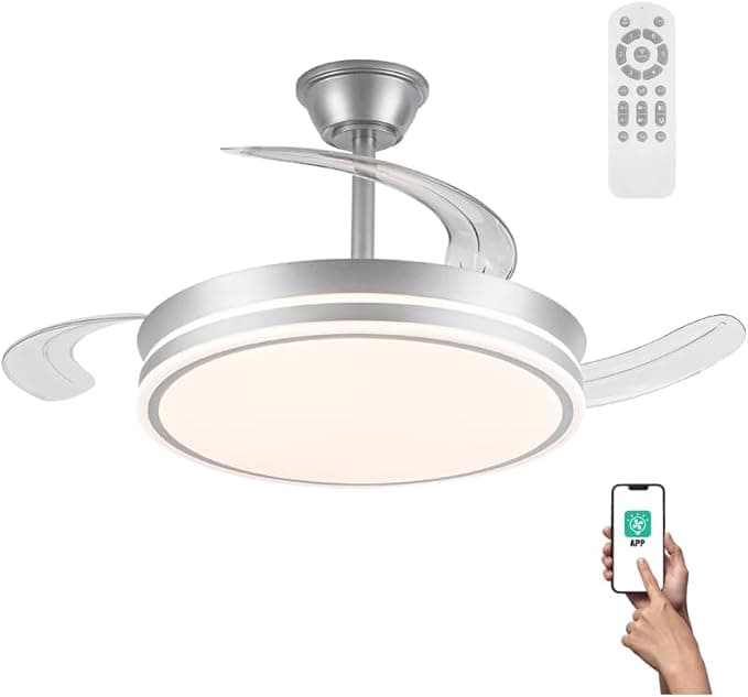 Ventilador de techo wonderlamp Ventilador con aspas retráctiles, Smart control APP y Mando a distancia, Ventilador de techo con luz LED 72W Miso Evo Plata, Memoria de encendido, 3 CCT, Intensidad Regulable, Silencioso