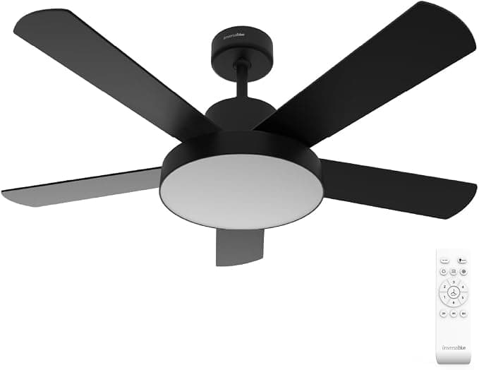 Ventilador de techo UNIVERSALBLUE Ventilador de techo con luz LED | Ventilador silencioso con Motor DC | Aspas reversibles color negro y madera | Potencia 60 W | Temporizador y mando a distancia | 6 Velocidades