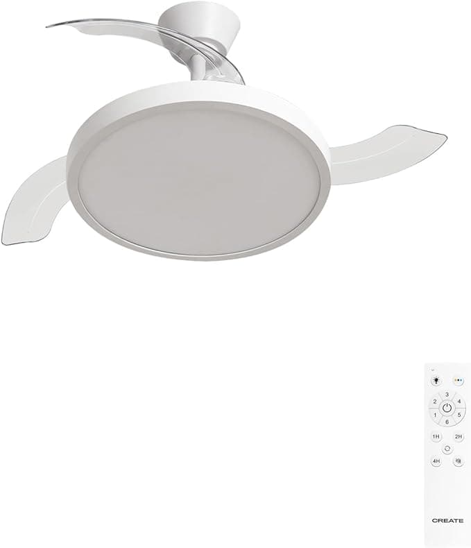 Ventilador de techo CREATE / WIND CLEAR STUDIO M/Ventilador de techo con luz blanco con mando / 40W, Temporizador, Ø 108 cm, 6 velocidades, aspas retráctiles, 3 temperaturas de luz, función verano-invierno