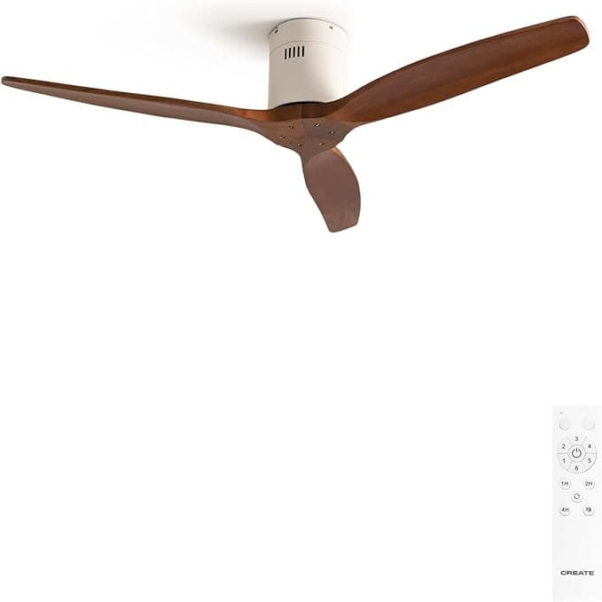 Ventilador de techo CREATE / WINDCALM/Ventilador de techo ABS blanco aspas efecto madera oscura y mando / 40W, Silencioso, Ø132 cm, 6 velocidades, temporizador, función verano-invierno