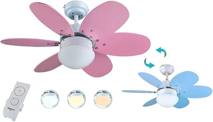 Ventilador de techo ALGARVE DC - Ventilador de techo con motor DC, mando a distancia, 75cm Ø, 6 aspas, rosa/celeste, chasis blanco