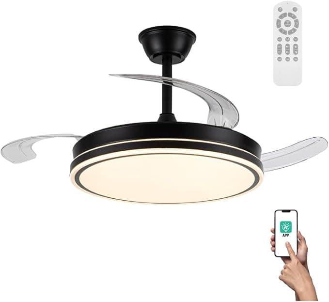 Ventilador de techo wonderlamp Ventilador con aspas retráctiles, Smart control APP y Mando a distancia, Ventilador de techo con luz silencioso 72W Miso Evo Negro, Memoria de encendido, 3 CCT, Intensidad Regulable