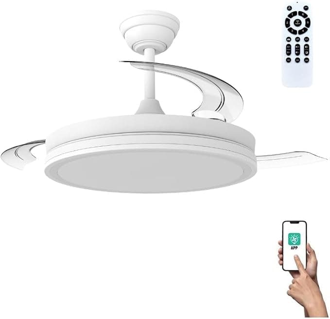 Ventilador de techo wonderlamp Ventilador de Techo aspas retráctiles silencioso, con MODO LUZ NOCHE, Smart con APP o mando a distancia, Luz LED Dimmable 3CCT 60W Astra Evo Blanco, Motor DC, 6 Velocidades Ø106