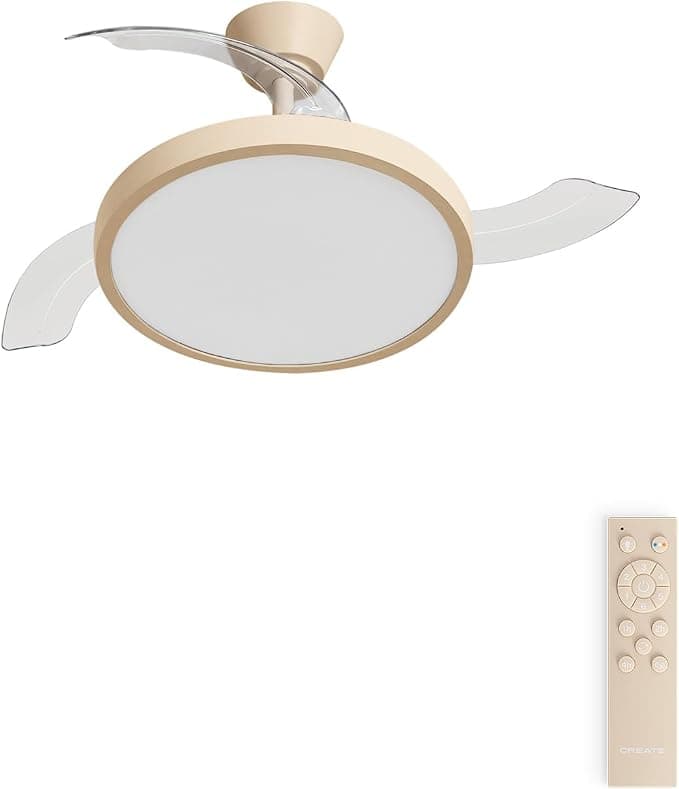 Ventilador de techo CREATE / WIND CLEAR STUDIO M/Ventilador de techo con luz arena con mando / 40W, Temporizador, Ø 108 cm, 6 velocidades, aspas retráctiles, 3 temperaturas de luz, función verano-invierno