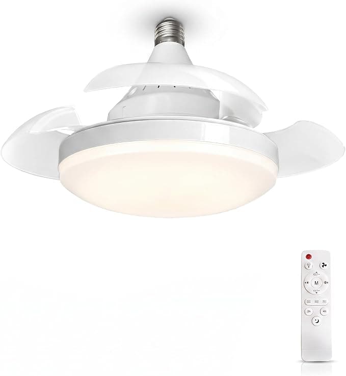 Ventilador de techo MARSI Ventilador de Techo con Luz LED 40 cm, Lámpara Ventilador E27, 3 Aspas Retráctiles PC, Motor DC, 3 Velocidades, Luz Regulable, Mando IR, para Dormitorio y Estudio