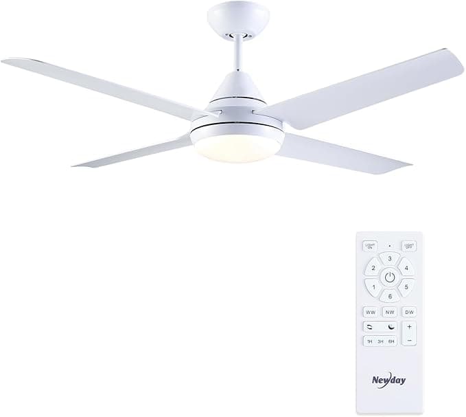 Newday 122CM Ventilador de Techo Blanco Con Luz y Control Remoto Silencioso, 3 Temporizador, Motor DC, Dimmer sin pasos, Modo de 7 Velocidades, 4 Aspas Reversibles, Temporizador Para Dormitorio Salon