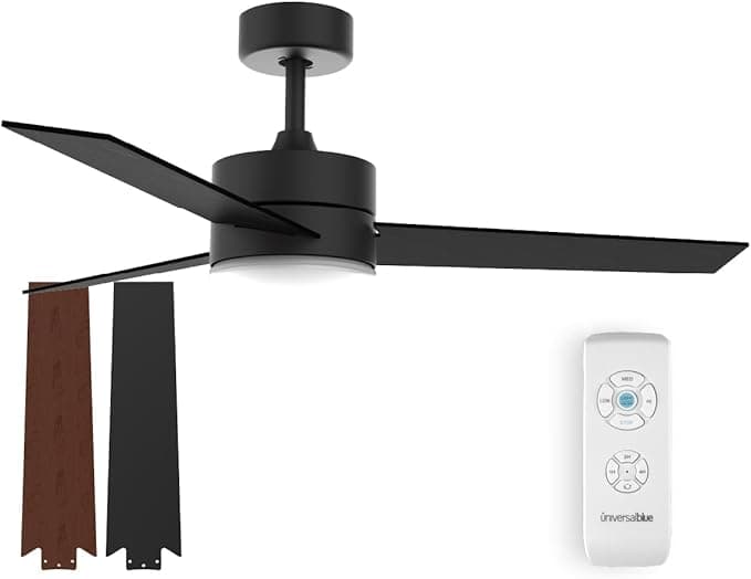 Ventilador de techo UNIVERSALBLUE | Ventilador de techo con luz LED | Ventilador silencioso con Motor DC | Aspas reversibles color negro y marrón | 3 Aspas Reversibles Marrón | Mando a Distancia | 3 velocidades