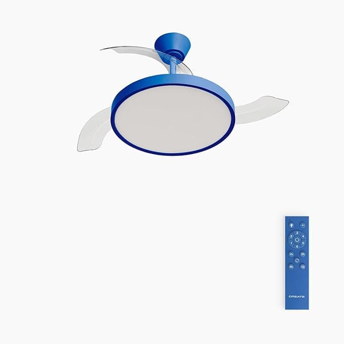 Ventilador de techo CREATE / WIND CLEAR STUDIO S/Ventilador de techo con luz azul cobalto con mando / 40W, Temporizador, Ø 91 cm, 6 velocidades, aspas retráctiles, 3 temperaturas de luz, función verano-invierno