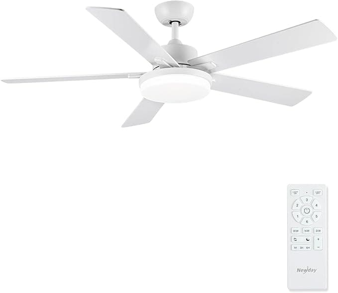 Newday 132cm Ventilador de Techo Blanco con Luz y Mando a Distancia, Reversibles DC Motor Silencioso, Lámpara Dimmer, 5 Aspas, 3 Temporizadores, Función de Memoria,Patrones de Sueño para Dormitorio