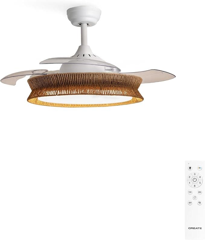 Ventilador de techo CREATE / WIND CLEAR/Ventilador de techo con luz blanco y mimbre trenzado con mando / 40W, Ø108 cm, temporizador, 6 velocidades, aspas retráctiles, 3 temperaturas de luz, función verano-invierno