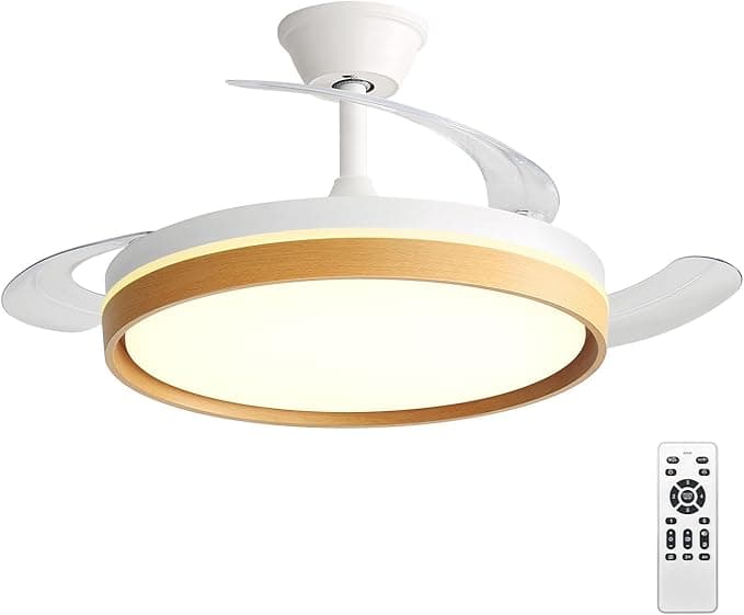 Ventilador de Techo con Luz LED 60W, con Mando a Distancia, Ø42in, 6 velocidades, temporizador, aspas retráctiles, 3 temperaturas de luz, función verano-invierno, 5600LM,Marco de efecto madera,Blanco
