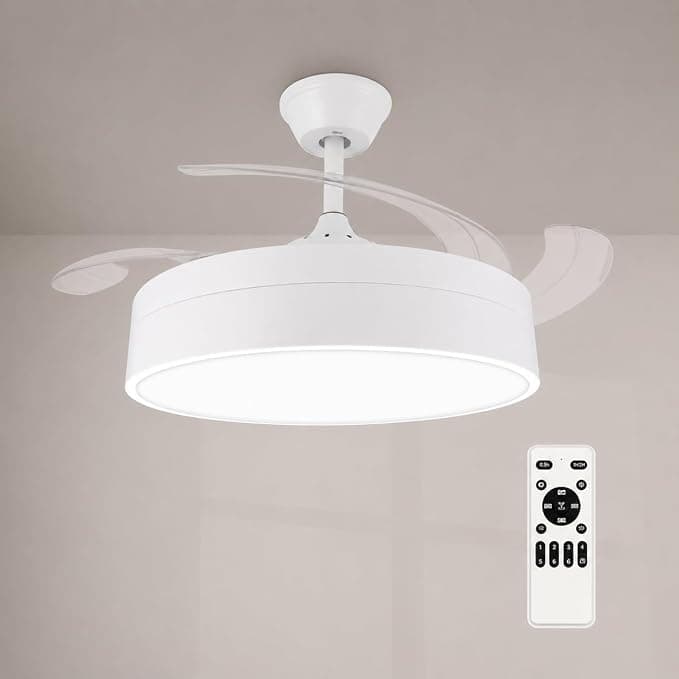 Ventilador de techo M Mimotec- Ventilador de Techo LED Messe White 72W con Luz CCT Regulable e Intensidad, Motor DC Ultrasilencioso, 6 Velocidades, 4 Aspas Retráctiles, Temporizador, Mando a Distancia