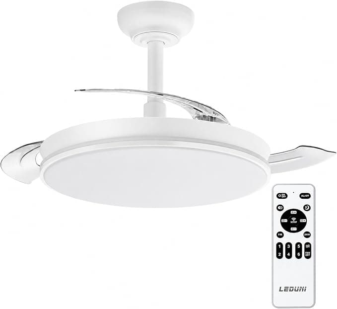 Ventilador de techo LEDUNI Ventilador de techo con luz con mando 3 aspas, Motor DC 30W+Luz LED,temporizador, 6 velocidades, aspas retráctiles, 3 temperaturas de luz, función verano-invierno Silencioso (Blanco C, 40CM)