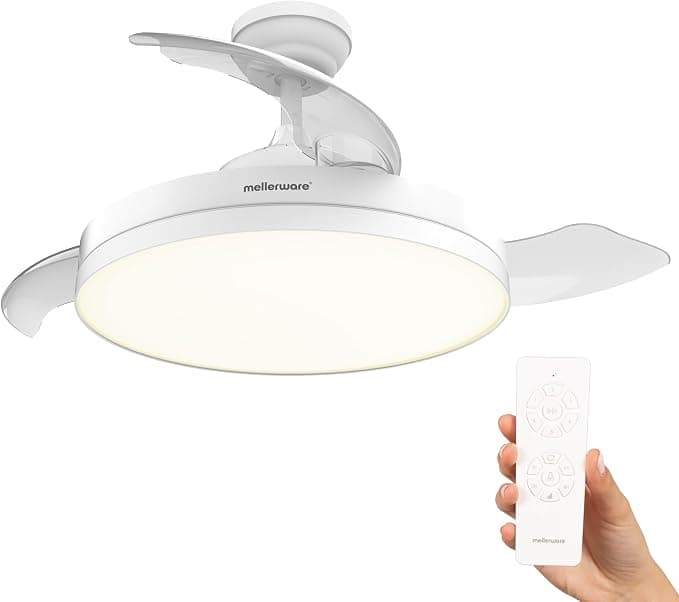 Ventilador de techo Mellerware - Ventilador de techo retráctil Brizy plegable de 40 W | 6 velocidades | 3 aspas | Ø 106 cm | Motor DC ultra silencioso | Temporizador | Función verano invierno | Luz LED