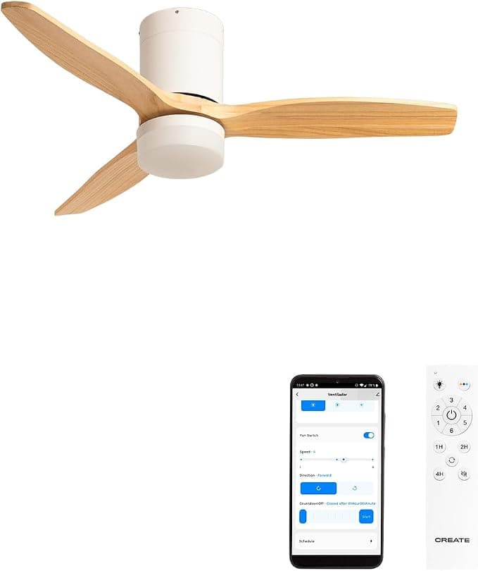 Ventilador de techo CREATE/WINDCALM S/Ventilador de techo ABS con luz blanco aspas efecto madera clara con Wifi y mando / 40W, Silencioso, Ø112 cm, 6 velocidades, 3 temperaturas de luz, función verano-invierno