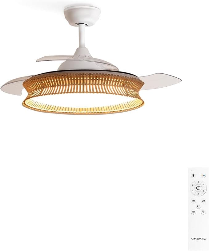 Ventilador de techo CREATE / WIND CLEAR/Ventilador de techo con luz blanco y mimbre nudo con mando / 40W, Ø108 cm, 6 velocidades, aspas retráctiles, 3 temperaturas de luz, función verano-invierno