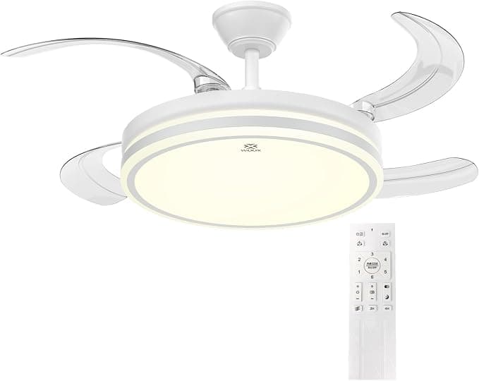 Ventilador de techo Woox Ventilador de Techo con Luz, 30W Motor DC + 50W Luz con Brillo y CCT Regulable sin Escalonamiento, Ventilador Retráctil de 4 Aspas, 6 Velocidades, con Control Remoto Funcion Verano e Invierno
