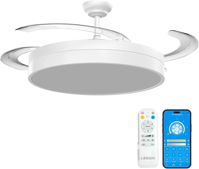 Ventilador de techo LEDUNI Ventilador de techo con luz con mando, Motor DC 30W+36wLuz LED,temporizador, 6 velocidades, aspas retráctiles, 3 temperaturas de luz, función verano-invierno Silencioso (Blanco Nielo, 50CM)