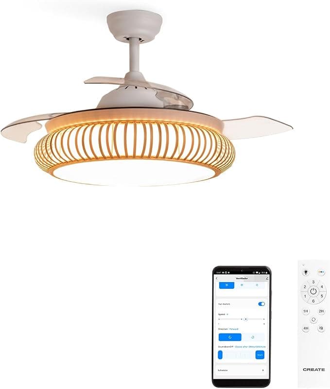 Ventilador de techo CREATE / WIND CLEAR/Ventilador de techo con luz blanco y mimbre óvalo con mando y Wifi / 40W, Ø108 cm, temporizador, 6 velocidades, aspas retráctiles, 3 temperaturas de luz, función verano-invierno.