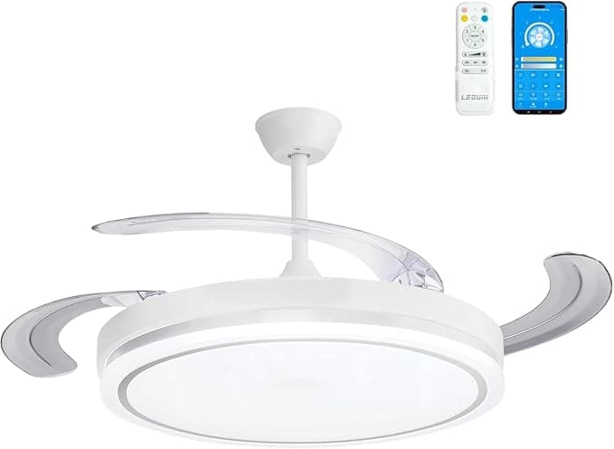 Ventilador de techo Ventilador de techo con luz con mando 66W, Motor DC 30W+36w Luz LED,temporizador, 6 velocidades, aspas retráctiles, 3 temperaturas de luz, función verano-invierno Silencioso (Blanco Liso, 50CM)