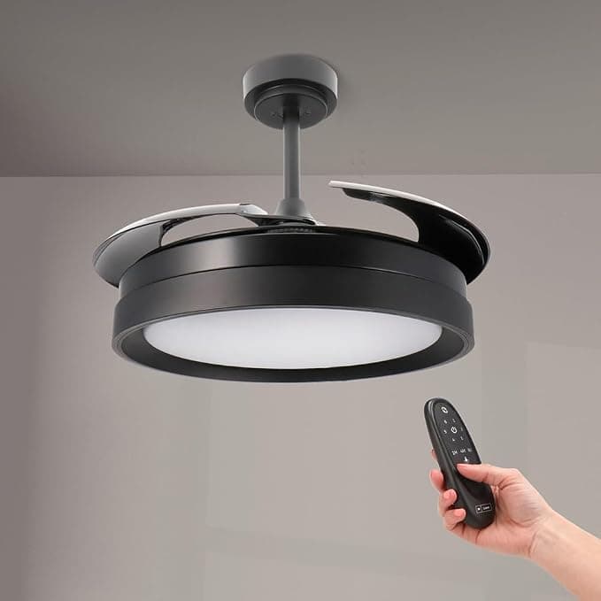 Ventilador de techo M mimotec - Ventilador de Techo Led Black Yeray II 56W con luz, mando a distancia, Bajo consumo, motor DC 20W+Luz Led 36W, 6 velocidades, función verano-invierno, Silencioso,4 Aspas retráctiles