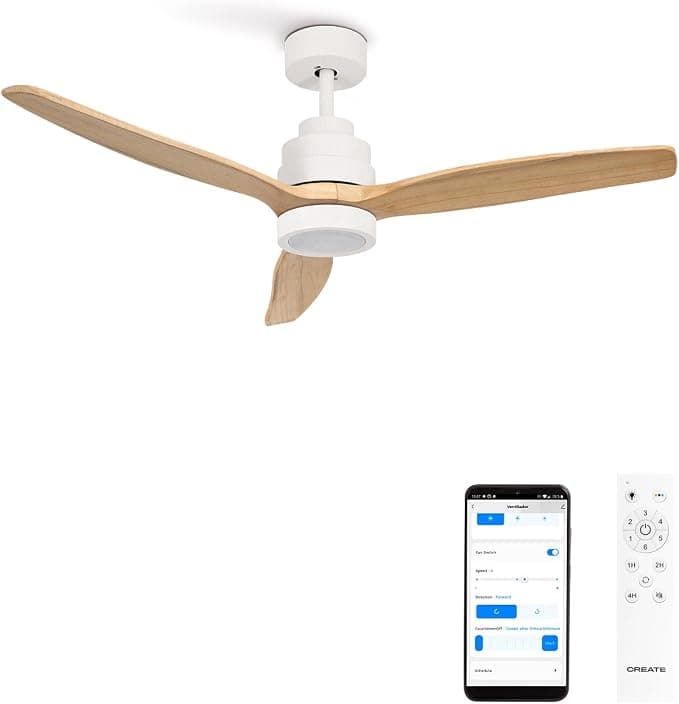 Ventilador de techo CREATE/WINDSTYLANCE NATURAL WOOD/Ventilador de techo con luz blanco aspas madera natural con Wifi y mando / 40W. Temporizador. Ø132 cm. 6 velocidades. verano-invierno. doble altura