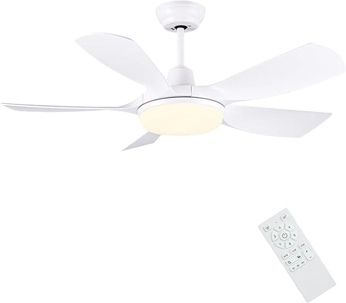 Ventilador de techo Newday Ventilador de Techo Blanco con luz y Mando a Distancia, 106cm Silencioso Ventilador de Techo con Iluminación Dimmer, Motor DC, 5 Aspas, 7 Modos de Velocidad, Función de Memoria, 3 Temporizador