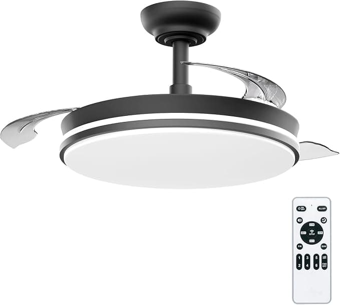 Ventilador de techo LEDUNI Ventilador de techo con luz con mando 3 aspas, Motor DC 30W+Luz LED,temporizador, 6 velocidades, aspas retráctiles, 3 temperaturas de luz, función verano-invierno Silencioso (Negro, 50CM)