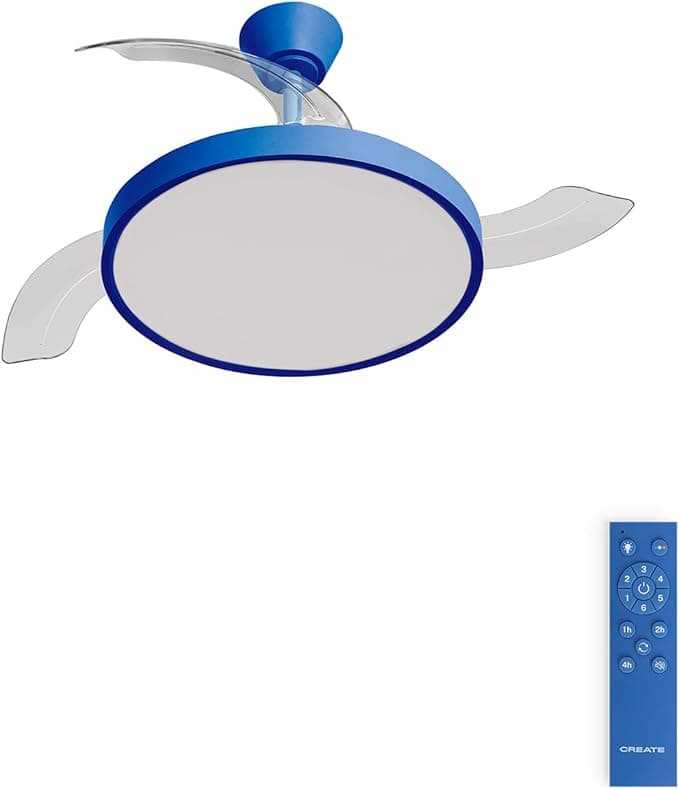 Ventilador de techo CREATE / WIND CLEAR STUDIO M/Ventilador de techo con luz azul cobalto con mando / 40W, Temporizador, Ø 108 cm, 6 velocidades, aspas retráctiles, 3 temperaturas de luz, función verano-invierno