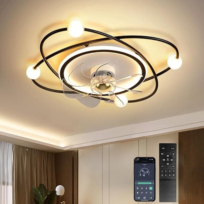 Ventilador de techo Ventiladores de techo Modernos, 55 cm Ventilador de Techo con luz, 48W Ventiladores de Techo con Luz y Mando, Estar Dormitorio Comedor Lampara Ventilador techo(Negro)