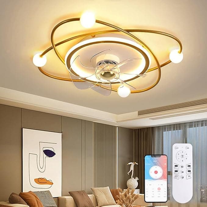 Ventilador de techo Ventiladores de techo Modernos, 55 cm Ventilador de Techo con luz, 48W Ventiladores de Techo con Luz y Mando, Estar Dormitorio Comedor Lampara Ventilador techo(Oro)