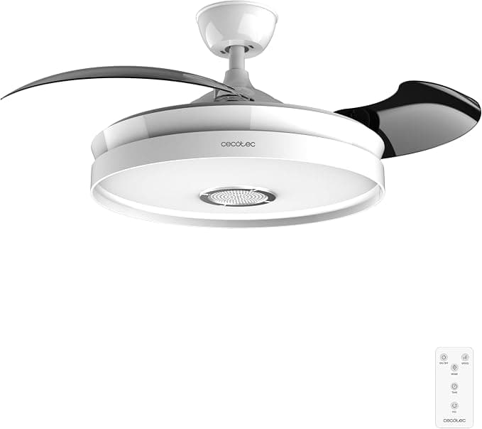 Ventilador de techo Cecotec Ventilador de Techo con Aspas Retráctiles, Luz LED y Altavoz Energysilence Aero 4360 Invisible Sound. 35W, Altavoz Bluetooth, 6 Velocidades, Mando Distancia, Temporizador, LED, Diseño Elegante