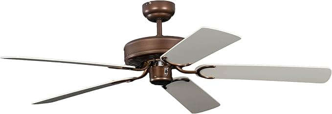 Ventilador de techo Pepeo Potkuri ventilador de techo sin luz, carcasa de bronce viejo, aspas reversibles blanco con insertos de ratán, 132 cm, para habitaciones de hasta 25 m²