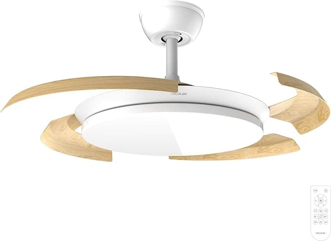 Ventilador de techo Cecotec Ventilador de Techo con Luz con Aspas Retráctiles EnergySilence Aero 4500 Puzzle Invisible White&LightWood. 30W, Motor DC, Diámetro 42", Luz LED, Mando, Temporizador, Función Verano/Invierno