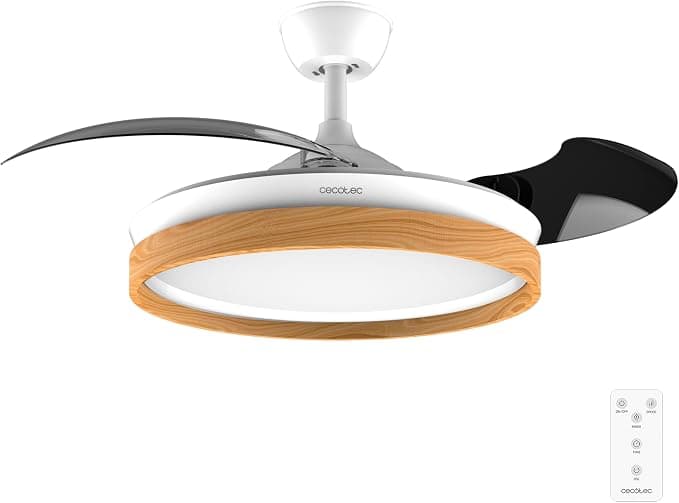Ventilador de techo Cecotec Ventilador de Techo con Luz Energysilence Aero 4320 Invisible Wood&White. 35W, 6 Velocidades, Aspas Retráctiles, Mando a Distancia, Temporizador, LED Integrada, Intensidad Lumínica Regulable