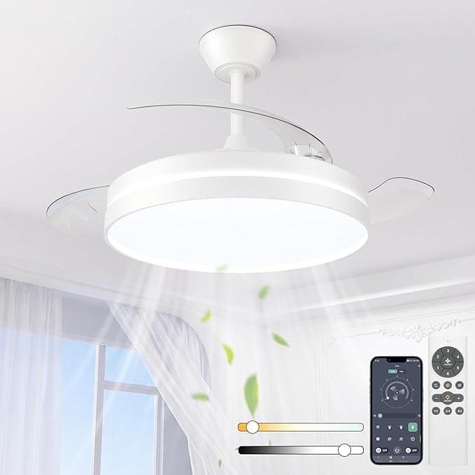 Ventilador de techo NIORSUN Ventilador de techo con luz,42" (106cm) Ventilador de techo,3 tonalidades, aspas desplegables, 40w 6 velocidades, APP&control remoto, Función Verano-Invierno,Blanco