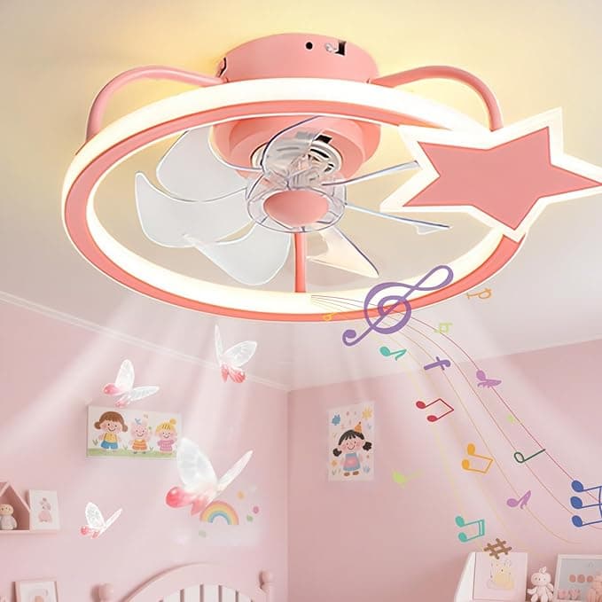 Ventilador de techo Ventilador de Techo Moderno Estrella Infantil con Luz y Mando a Distancia, Lampara Ventilador Techo Inteligente Bluetooth para Habitación Infantil, Celing Fan with Light Regulable-Rosa