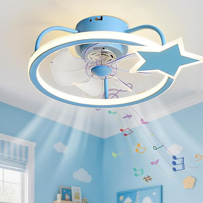 Ventilador de techo Ventilador de Techo Moderno Estrella Infantil con Luz y Mando a Distancia, Lampara Ventilador Techo Inteligente Bluetooth para Habitación Infantil, Celing Fan with Light Regulable-Azul