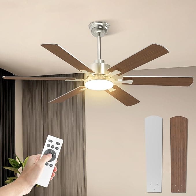 Ventilador de techo Grande 132cm Ventilador de Techo con Luz LED, Silencioso Regulable Lampara Ventilador Techo con Mando y Reversible DC Motor para Dormitorio Salón (Color Madera & Plata-Instalación con Varilla)
