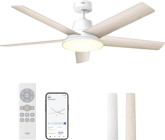 Ventilador de techo Dreo ventilador techo inteligente de 132 cm con luz LED regulable, 12 velocidades, 3 modos, temporizador de 12h, motor DC silencioso, control por control remoto/APP/Alexa, blanco para interiores