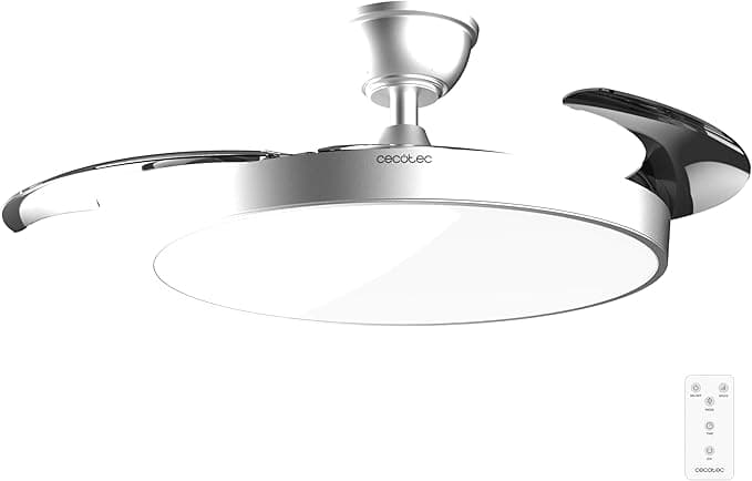 Ventilador de techo Cecotec Ventilador de Techo con Luz con Aspas Retráctiles EnergySilence Aero 300 Air Invisible Silver. 30W, Motor DC, Mando a Distancia, 6 Velocidades, Temporizador 4h, Función Winter-Summer